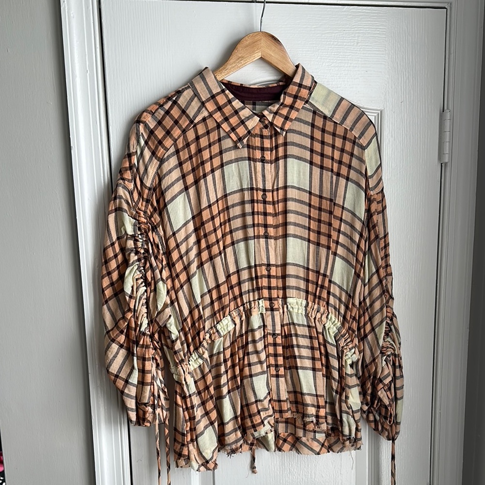 Free People Orange and Black Boxy Blouse with Notched Collar